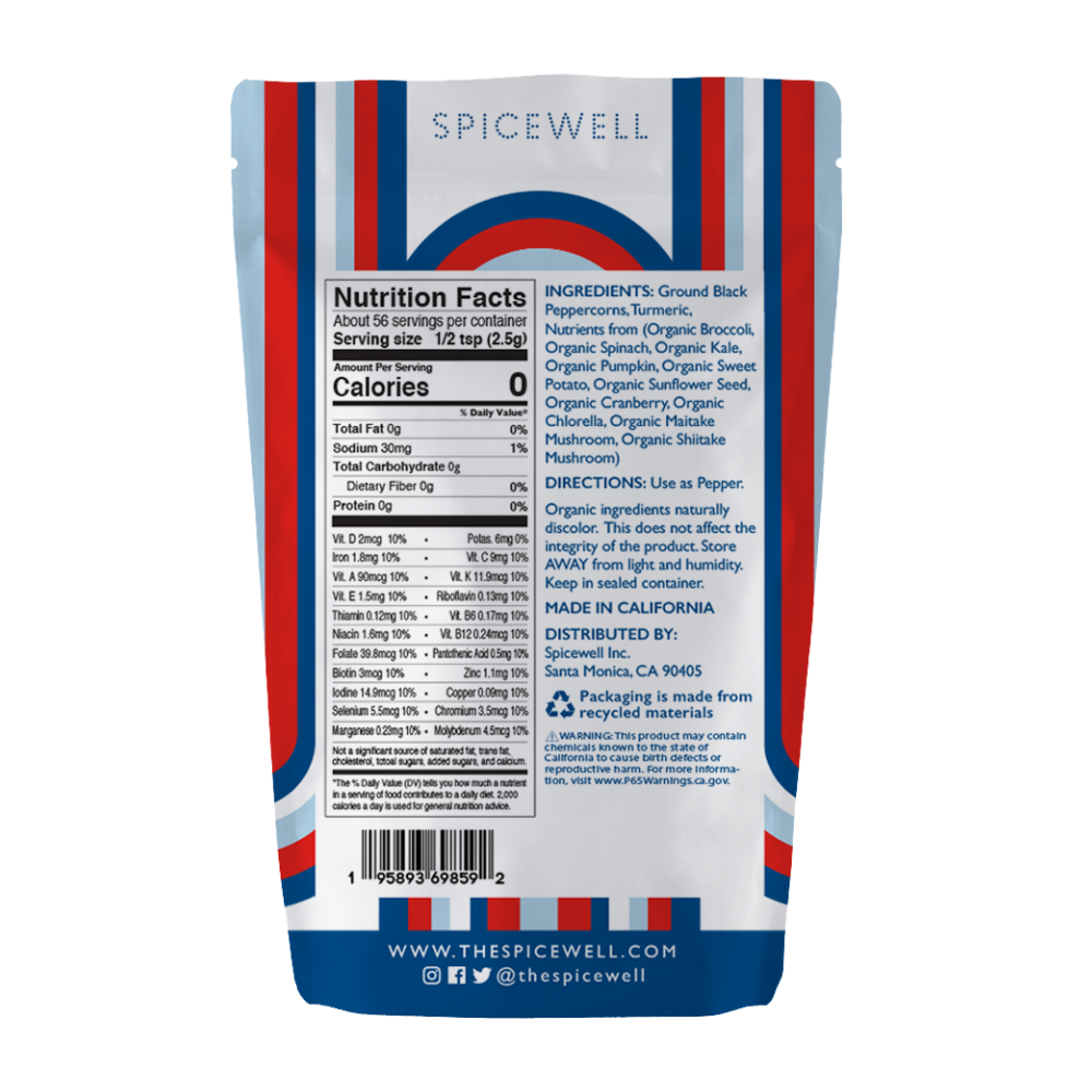 Spicewell - Product - New Pepper 5oz Pouch Back with Nutrition Facts