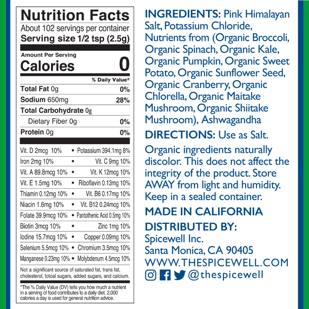 Spicewell - Product - New Salt Shaker - Back - Nutrition Information And Ingredients List